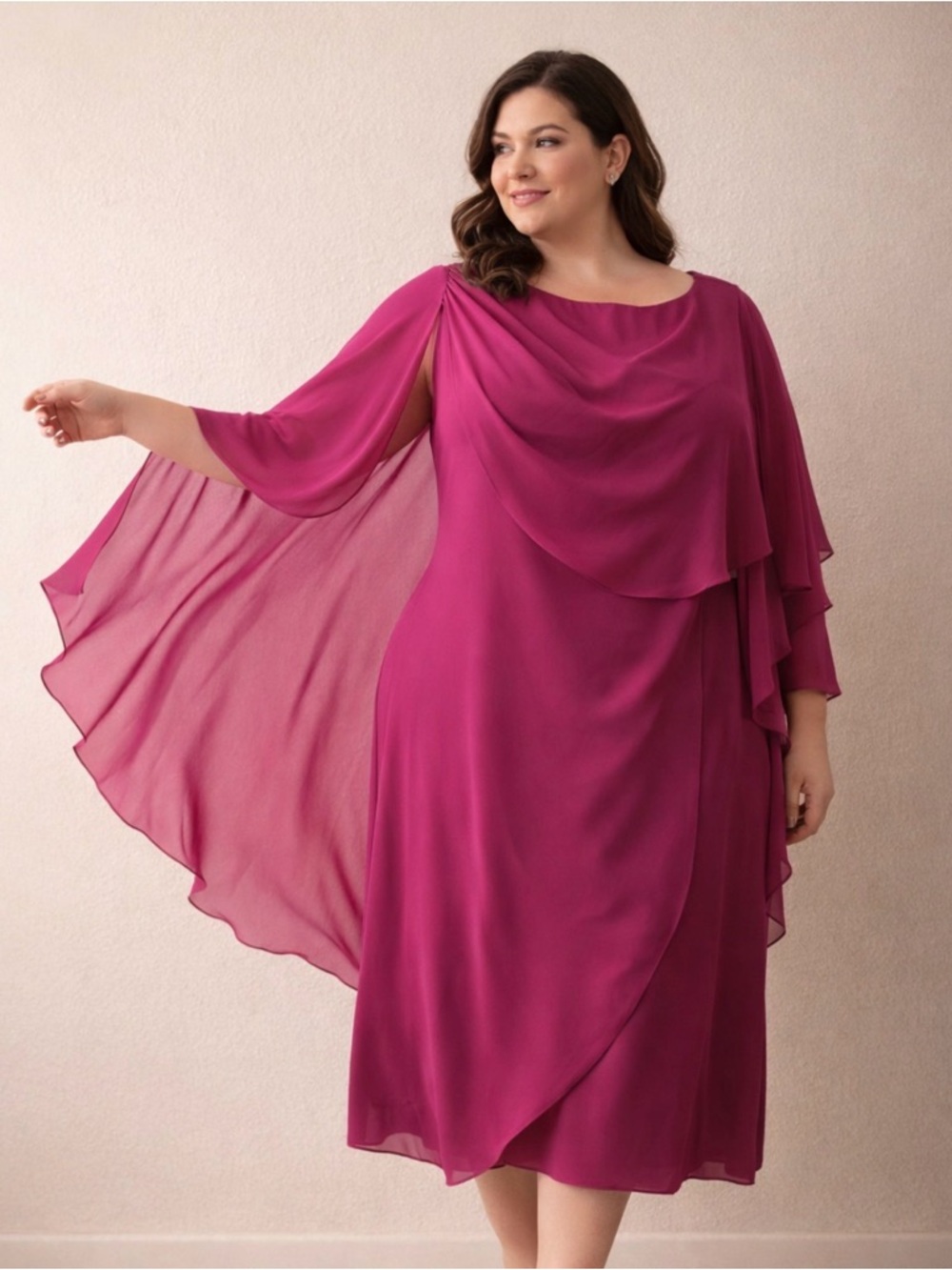 Eliza J - Fuchsia Layered Midi Dress- attached shawl